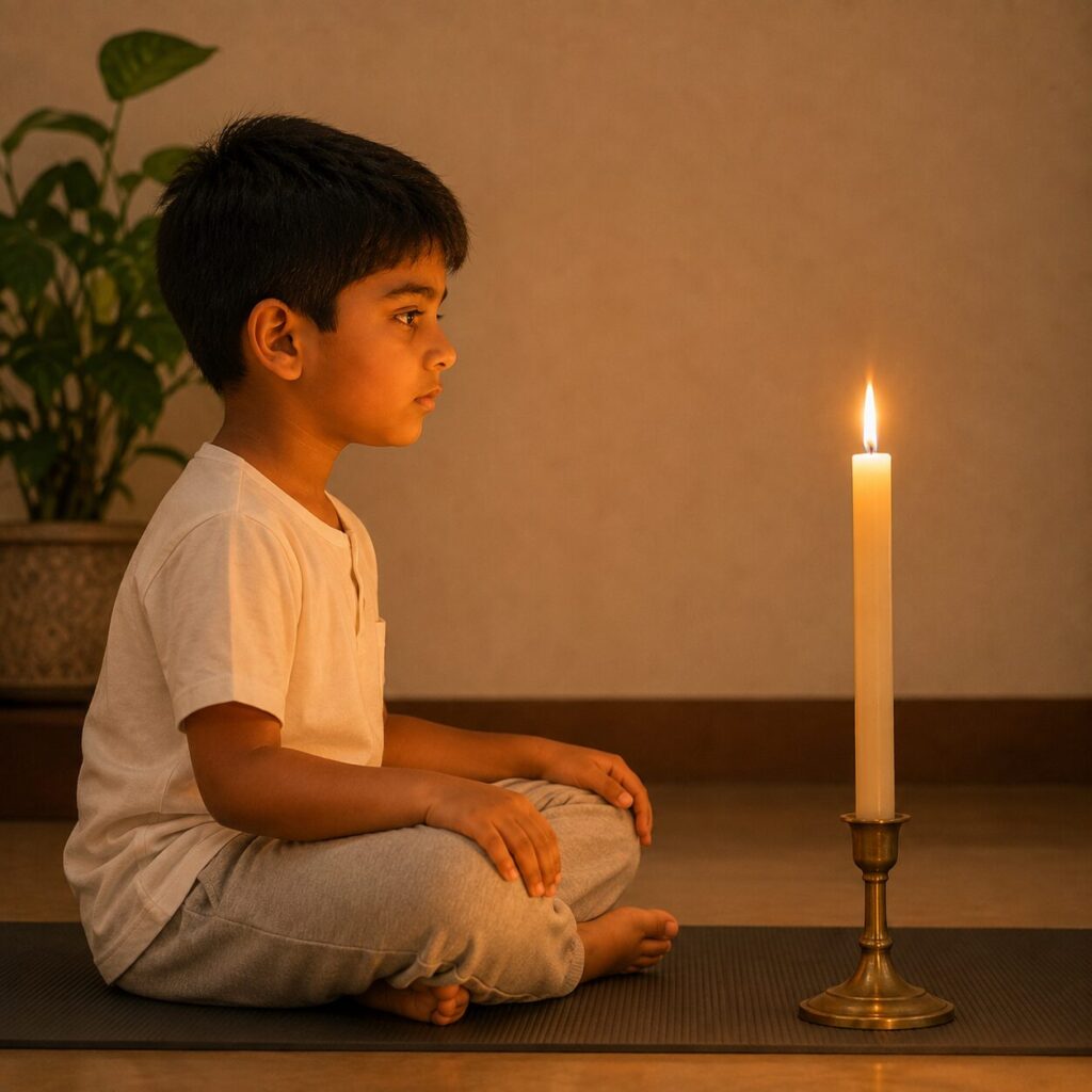 A child meditating beside a candle