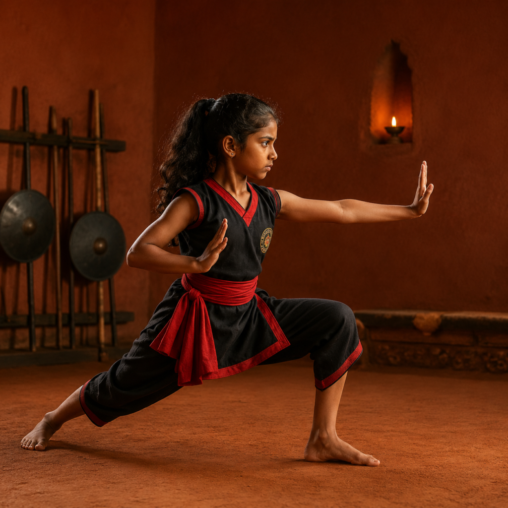 A student in a Kalaripayattu stance