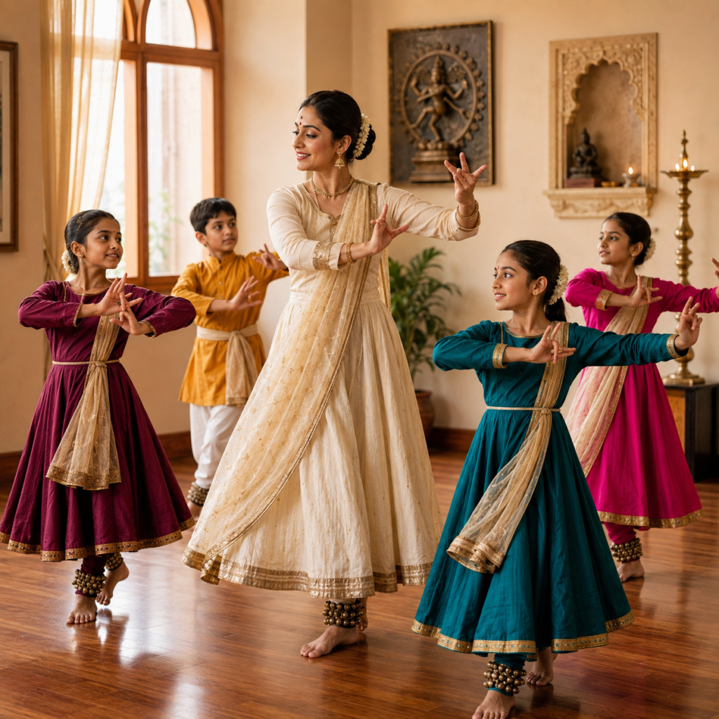 Children learning Kathak with their teacher