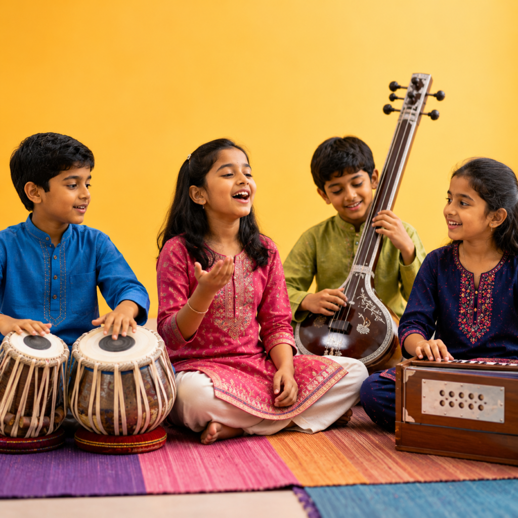 Children singing with tabla, tanpura, and harmonium