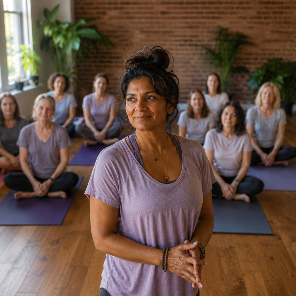A studio owner standing before her seated class on mats