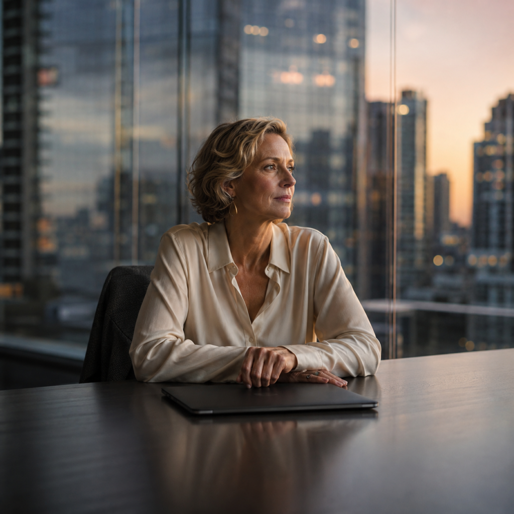 A founder sitting alone in a boardroom at dusk, looking out at the city