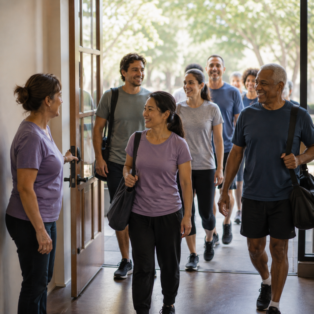People in workout clothes being welcomed through the door of a community hall