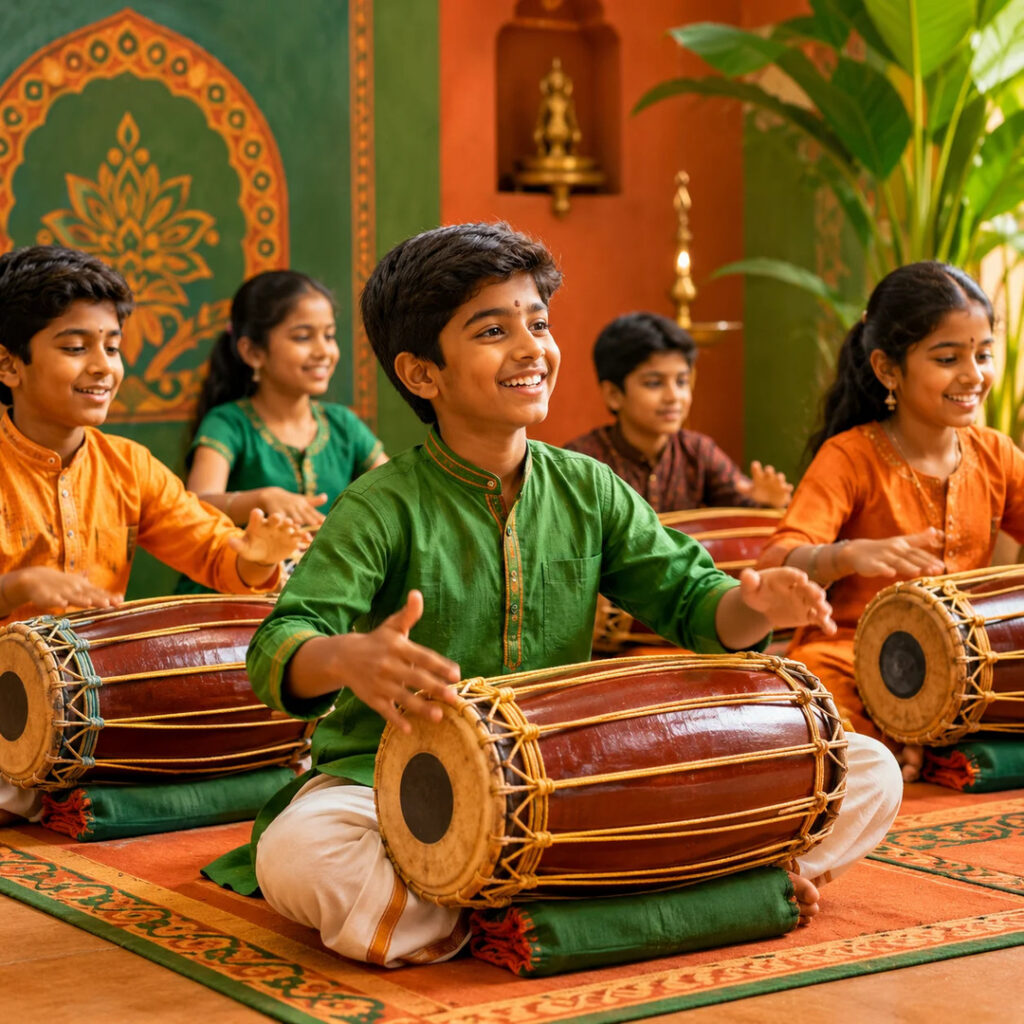 Children playing mridangam in class